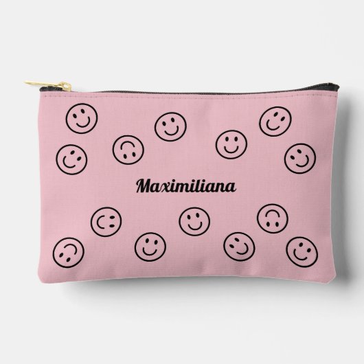 Happy Faces Zwart op Roze - KLEINE accessoire Pouc Etui (Voorkant)