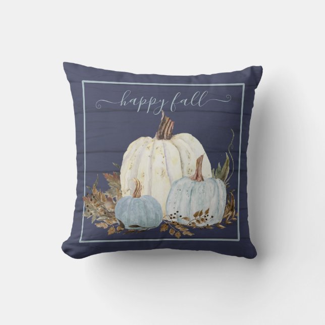 Happy Fall Navy Blue White Pumpkins Rustic Wood Kussen (Voorkant)