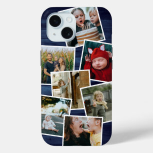 Happy Family Photo Collage Blue Wood iPhone 15 Case