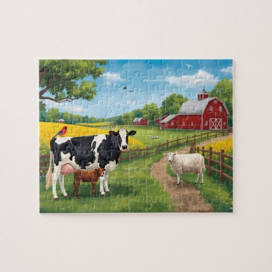 Happy Farm Animals Red Barn Rural Scene Legpuzzel (Horizontaal)
