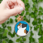Happy Fat Calico Cat Metal Round Sleutelhanger (Hand)