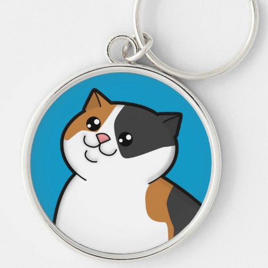 Happy Fat Calico Cat Metal Round Sleutelhanger (Voorkant)