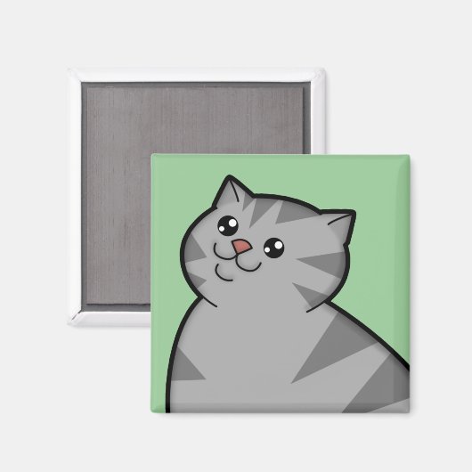 Happy Fat Silver Tabby Cat Square Magnet (Voorkant / Achterkant)