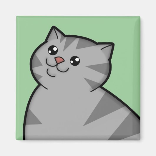 Happy Fat Silver Tabby Cat Square Magnet (Voorkant)