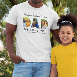 Happy Fathers Dag Paps Aangepaste familie Foto Col T-shirt<br><div class="desc">Creëer een stijlvol en gedenkwaardig "Happy Vaderdag" cadeau voor papa! Dit aangepaste T-shirt is voorzien van een collage van drie favoriete afbeeldingen van de kinderen die zijn ontworpen als een modern en vaag sans serif typografisch ontwerp. Pas de douanetekst met de namen van de kinderen aan. De zwarte tekst en...</div>