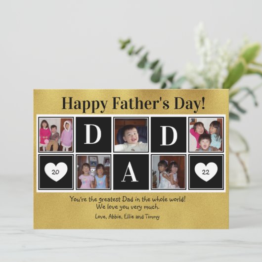 Happy Father's Day 5 Photo Gold Flat Greeting Card Kaart (Staand voorkant)
