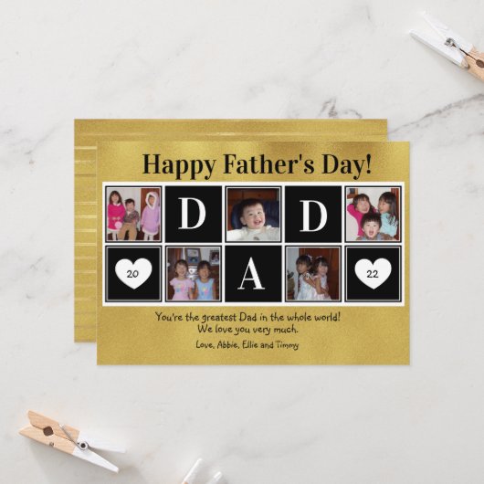 Happy Father's Day 5 Photo Gold Flat Greeting Card Kaart (Voorkant / Achterkant in situ)