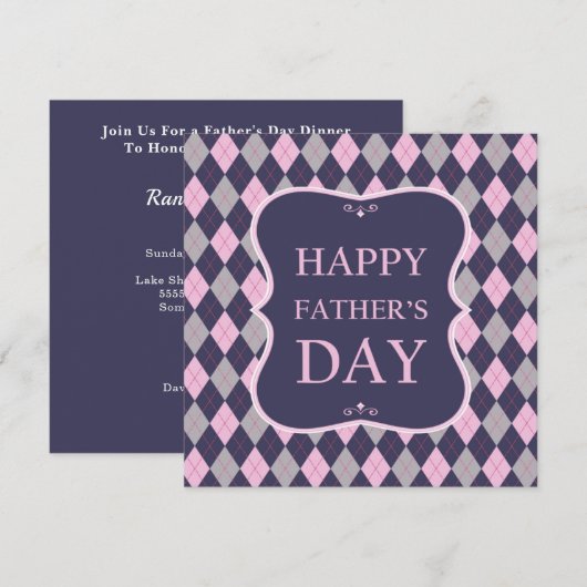 Happy Fathers Day Blue Roze Grey Argyle Dinner Kaart (Voorkant / Achterkant)