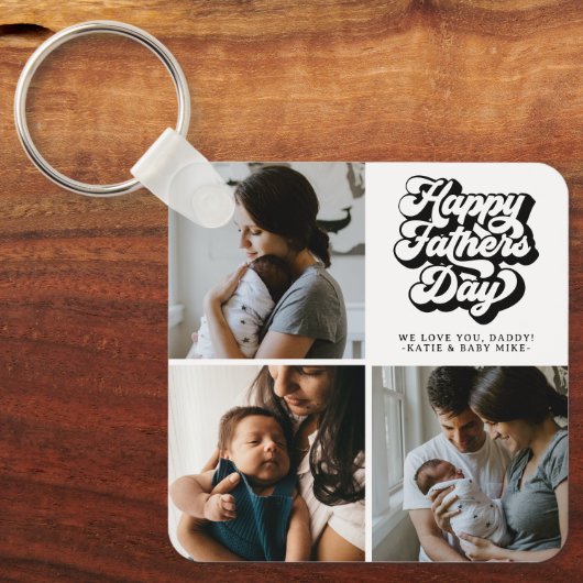 Happy Fathers Day Groovy Retro Drie Foto Sleutelhanger (Voorkant)