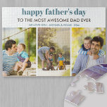 Happy Fathers Day Wishes en Custom 3 Photo Strip Legpuzzel<br><div class="desc">Zeg gelukkige vaderdag met een puzzel van de douanefoto. Het ontwerp heeft een moderne typografie die allemaal volledig bewerkbaar is, als je je eigen wensen van de vaderdag wilt toevoegen. Het fotomalplaatje is opstelling voor u om 3 van uw favoriete foto's toe te voegen die in verticaal portretformaat in een...</div>