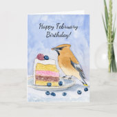  Happy February Birthday Cedar Waxwing Cake Kaart (Voorkant)