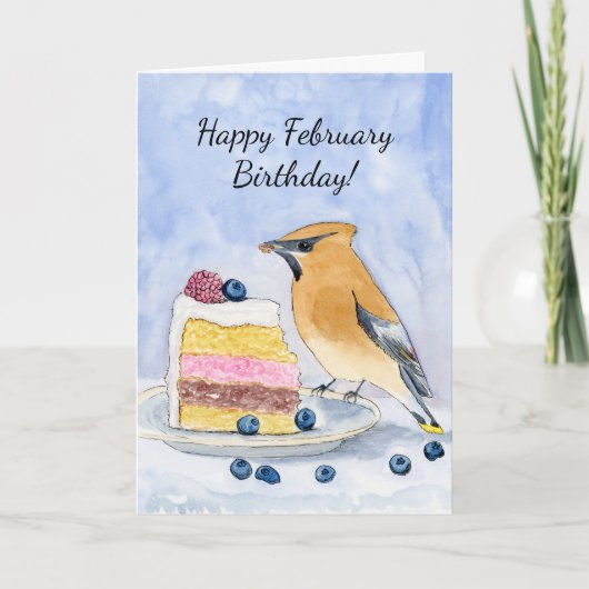  Happy February Birthday Cedar Waxwing Cake Kaart (Voorkant)