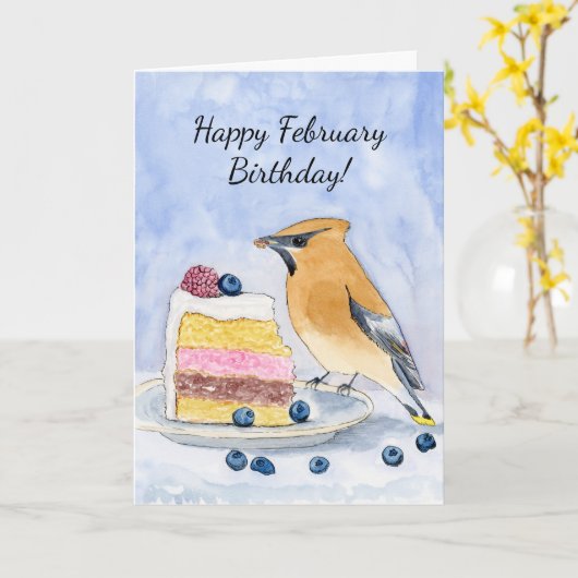  Happy February Birthday Cedar Waxwing Cake Kaart (Gele Bloem)