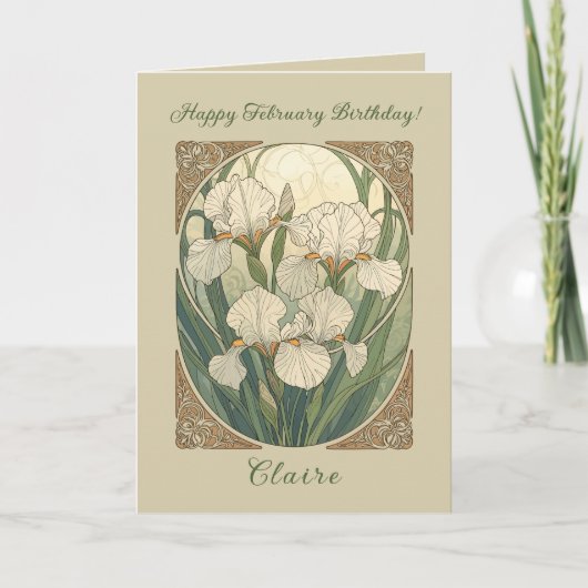 Happy February Birthday Iris Flowers Art Nouveau Kaart (Voorkant)