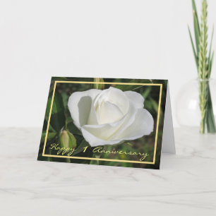 Happy First Anniversary White Rose Elegant Cursive Kaart
