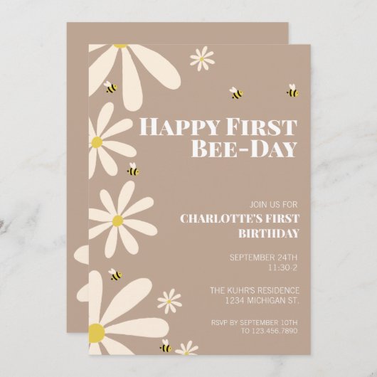 Happy First Bee Day Kinder First Birthday Invitati Kaart (Voorkant / Achterkant)