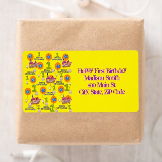 Happy First Birthday Adresetiketten, geel Etiket (Insitu)