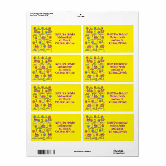 Happy First Birthday Adresetiketten, geel Etiket (Full Sheet)