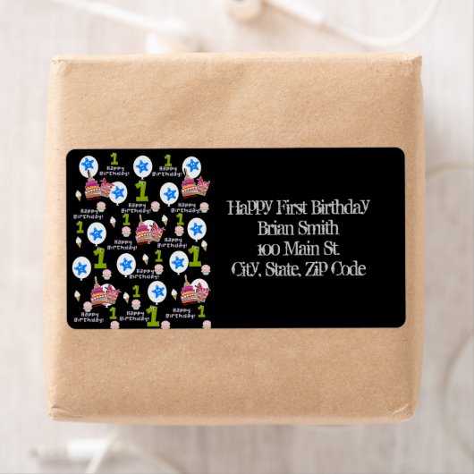 Happy First Birthday Adresetiketten, zwart Etiket