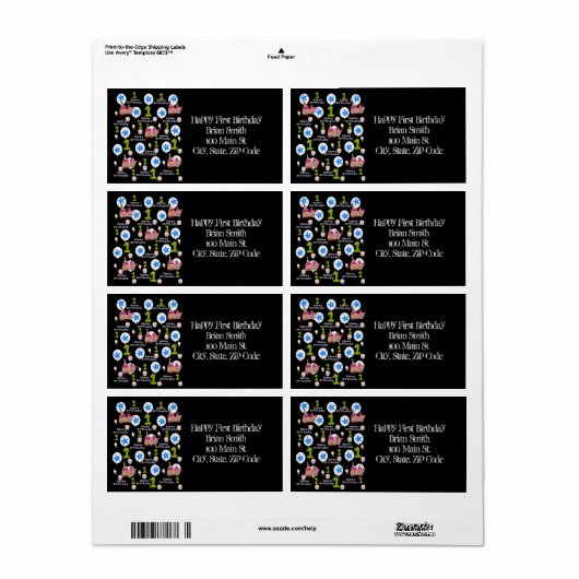 Happy First Birthday Adresetiketten, zwart Etiket (Full Sheet)