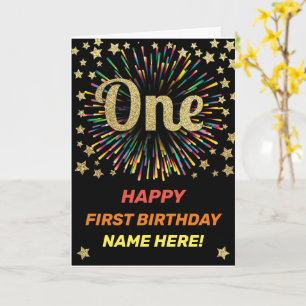 Happy First Birthday Black & Gold Rainbow Firework Kaart
