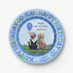 Happy First Birthday Boy and Dog Papieren Bordje