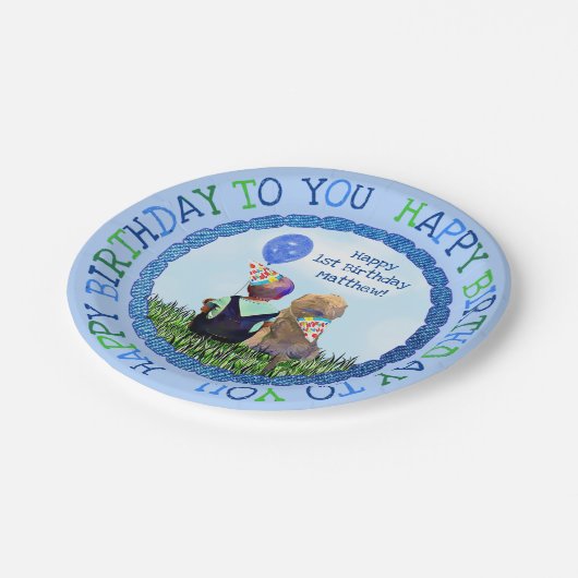 Happy First Birthday Boy and Dog Papieren Bordje (Gekanteld)