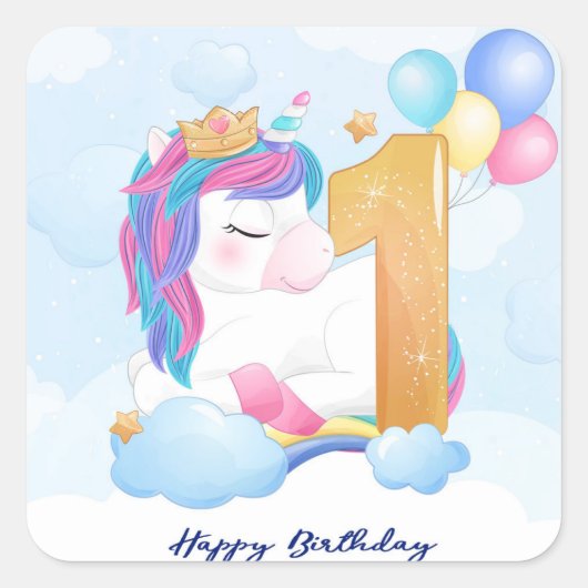 Happy First Birthday Eenhoorn Vierkante Sticker (Voorkant)