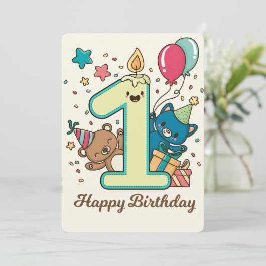 Happy First Birthday Feestdagenkaart (Staand voorkant)