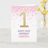 Happy First Birthday Girl Roze Confetti Goud Schat Kaart (Gele Bloem)