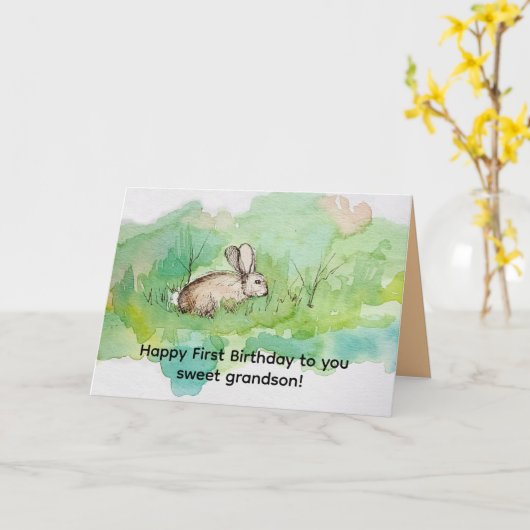 Happy First Birthday Grandson Cottontail Rabbit  Kaart (Gele Bloem)