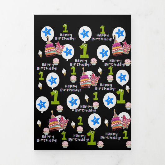Happy First Birthday Kaart, #1 Verjaardag Zwart Drieluik Kaart (Cover)