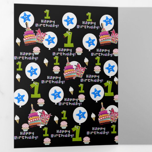Happy First Birthday Kaart, #1 Verjaardag Zwart Drieluik Kaart (Binnenzijde eerst)