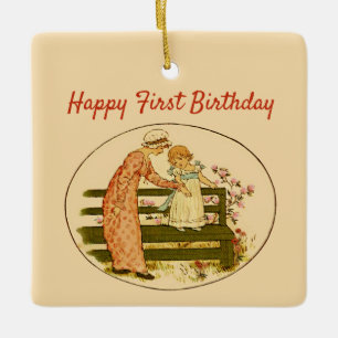 Happy First Birthday met Sweet Toddler en moeder Keramisch Ornament