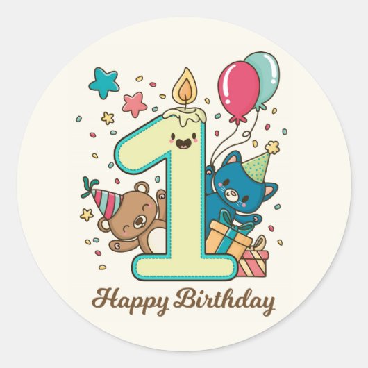 Happy First Birthday Ronde Sticker (Voorkant)