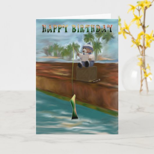 Happy First Birthday Teddy beer met zweet en pet Kaart (Gele Bloem)