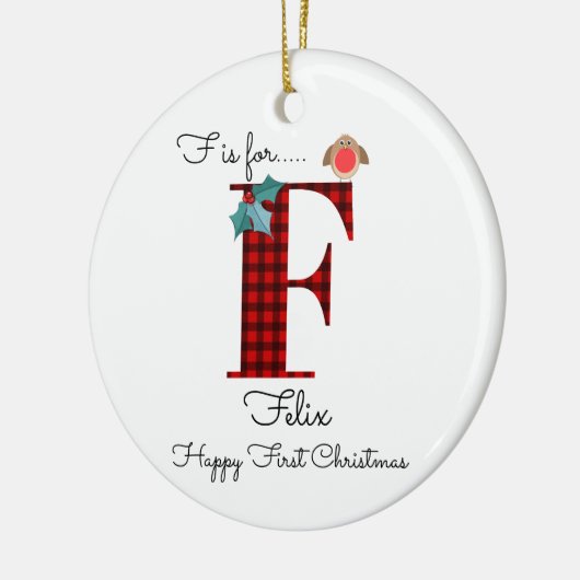 Happy first Christmas F lumberjack robin tree Keramisch Ornament (Links)