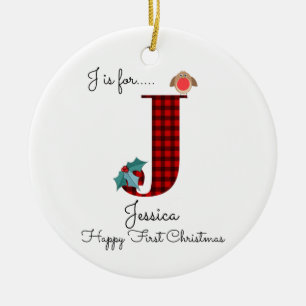 Happy first Christmas J lumberjack robin tree Keramisch Ornament