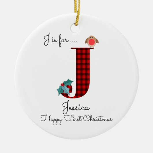 Happy first Christmas J lumberjack robin tree Keramisch Ornament (Voorkant)