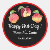 Happy First Day Whimsical Bouncing Apples Custom Ronde Sticker (Voorkant)