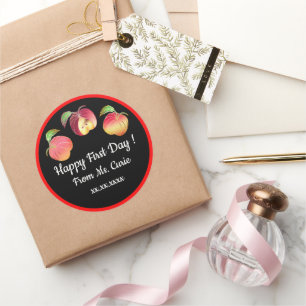Happy First Day Whimsical Bouncing Apples Custom Ronde Sticker