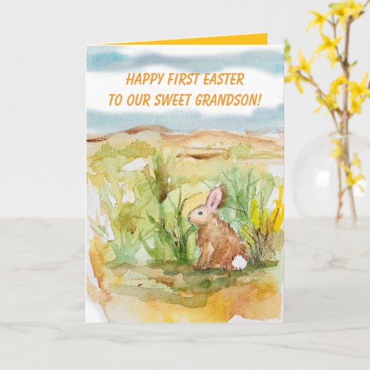 Happy First Easter Grandson Rabbit Wildflowers Kaart (Gele Bloem)
