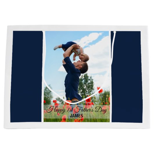 Happy First Father's Day Custom Photo Gift Bag Groot Cadeauzakje (Voorkant)
