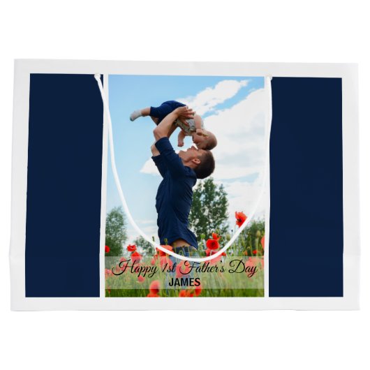 Happy First Father's Day Custom Photo Gift Bag Groot Cadeauzakje (Achterkant)