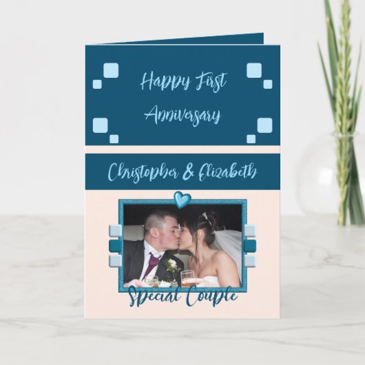 Happy First Jubileum voeg fotoblauwe perzik toe Kaart (Voorkant)