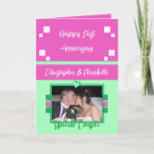 Happy First Jubileum voegt foto roze groen toe Kaart (Voorkant)