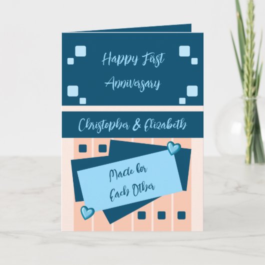 Happy First Jubileum voegt namen blauwe perzik toe Kaart (Voorkant)