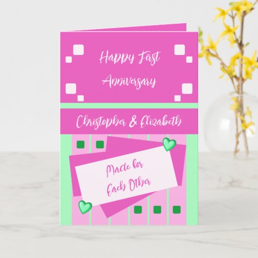 Happy First Jubileum voegt roze groene namen toe Kaart (Gele Bloem)