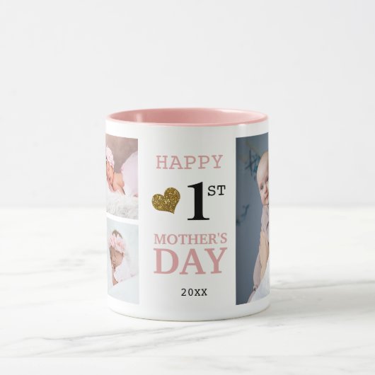 Happy First Moederdag 5 fotocollage roze Mok (Midden)