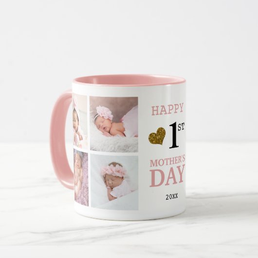 Happy First Moederdag 5 fotocollage roze Mok (Voorkant links)